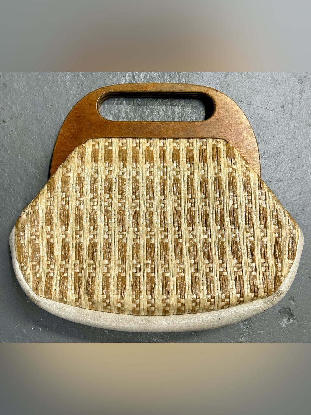 Vintage 70s Woven Straw Wooden Top-Handle Tote Purse in Natural and Brown